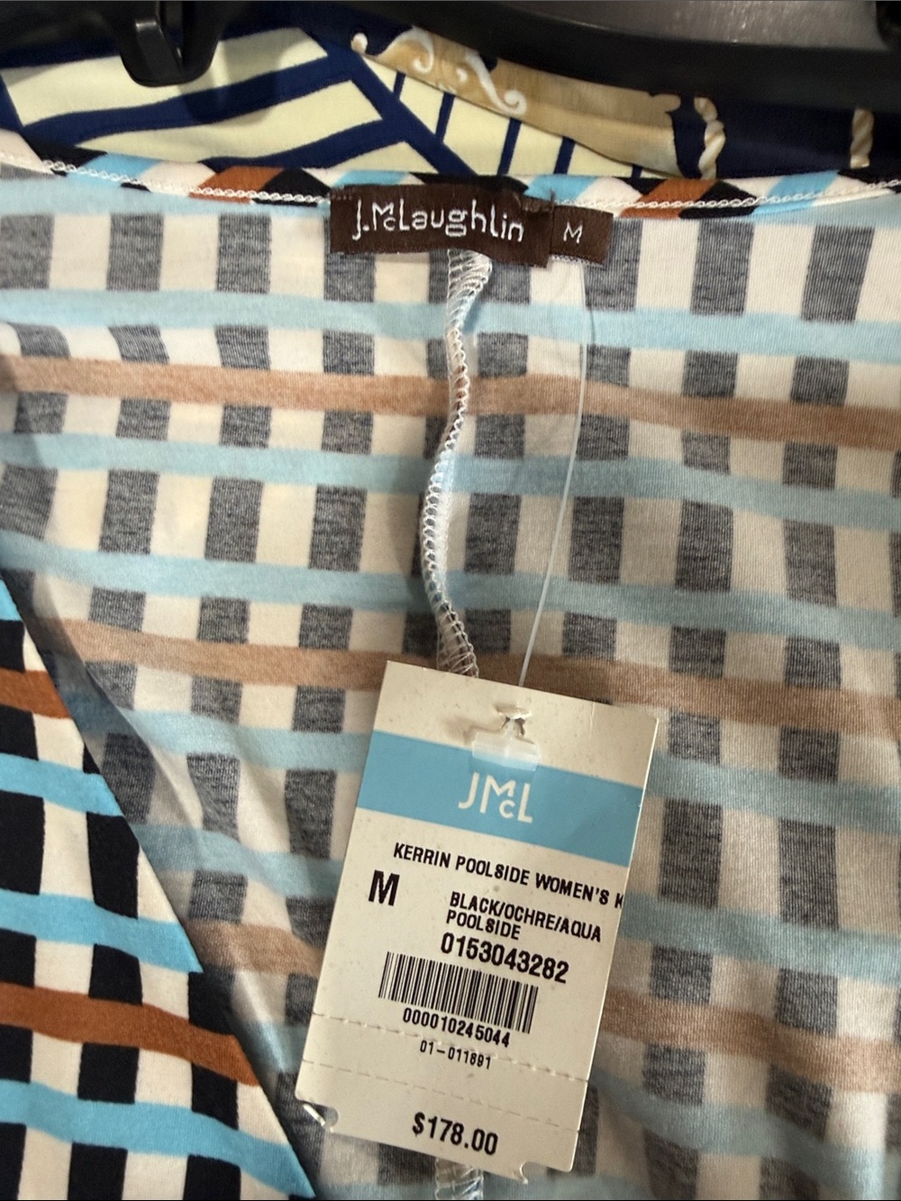 J. McLaughlin Geometric Knit Top in Aqua, Tan, Black, White